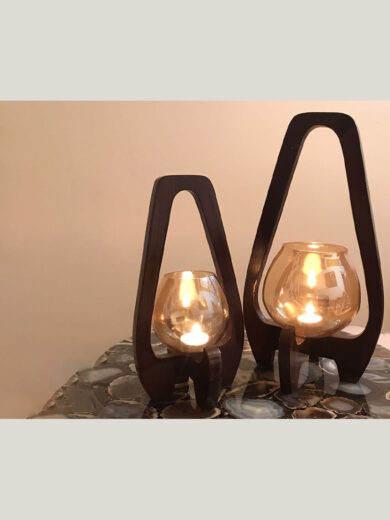 Pair of Wooden Candle Holders with Glass Lanterns