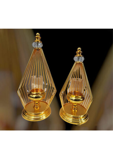 Pair of Gold Candle Holders with Clear Glass and Crystal Top