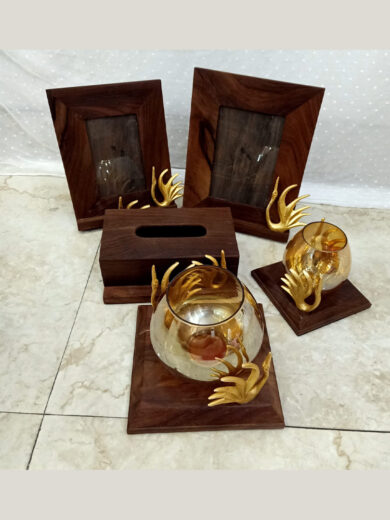 Set of Wooden Frames, Tissue Box, and Vase