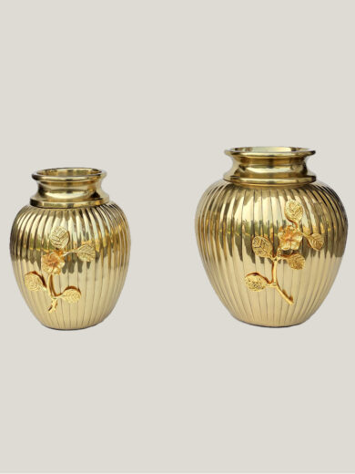 Pair of Brass Vases with Floral Decorations